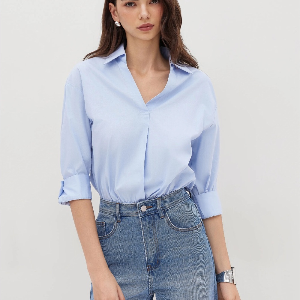 Cider Women’s 100% Cotton Collar Roll-Up Sleeve Shirt Bodysuit in Light Blue